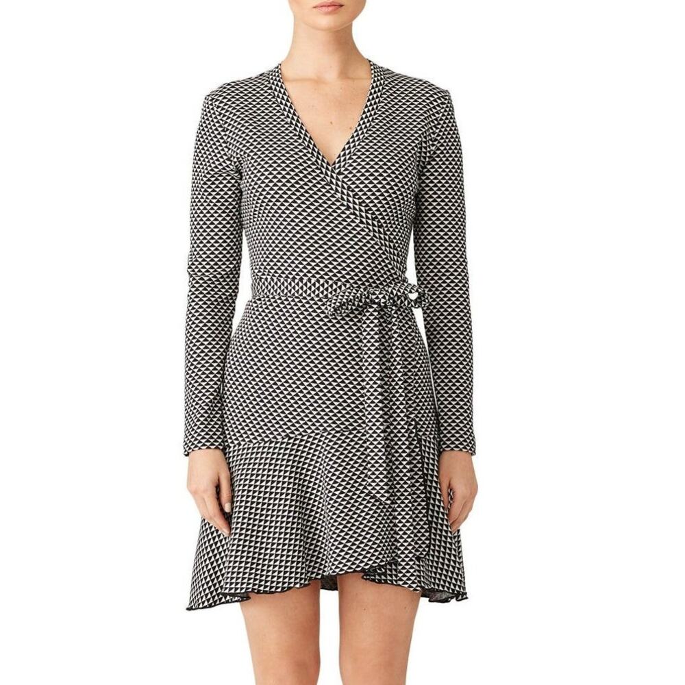 Nicole Miller Collection Claudette Knit Wrap Sweater Dress L Geometric Ruffles